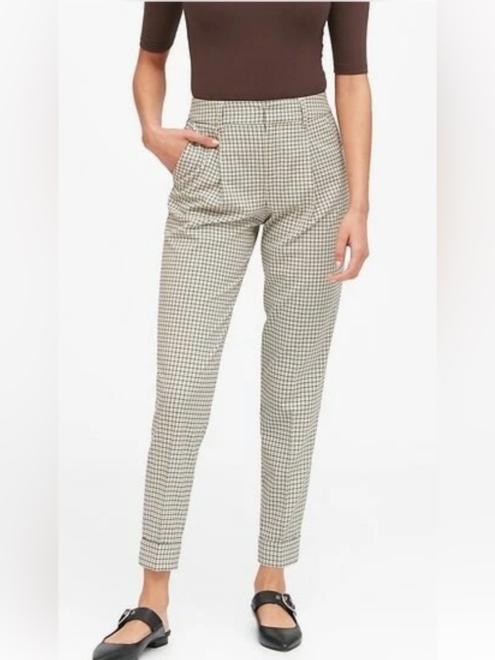 BANANA REPUBLIC WOMEN HIGHRISE TAPERED BROWN HOUNDTOOTH CROP PANT - 6 long
